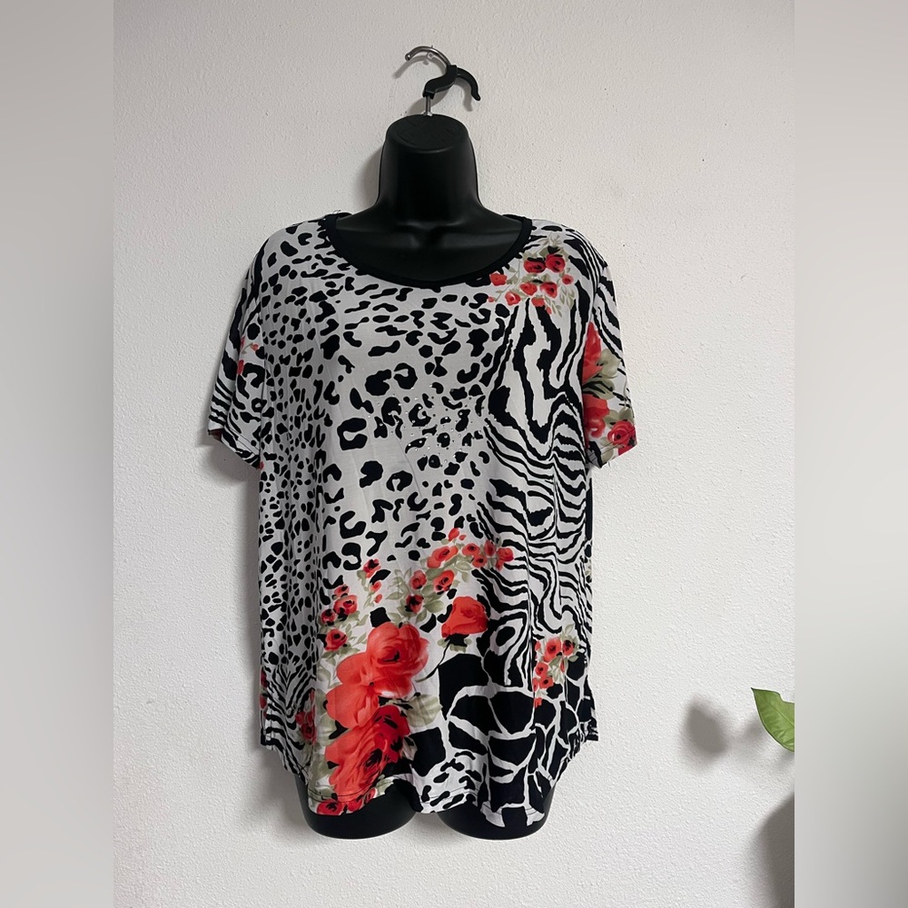 Women's Black and White Animal Print Top with Red Floral Accents
